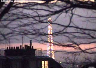 фото 5. Из-за кустом семафорит Эйфелева башня
                          (Париж, Монмартр, январь 2006г.)